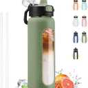 Kodrine Water Bottle With Straw and Carry Handle, Glass Water Bottle 24 oz Leak Proof Locking Lid with Soft Silicone Spout, Reusable Drinking Cups for Travel Sports with Time Marker,Olive