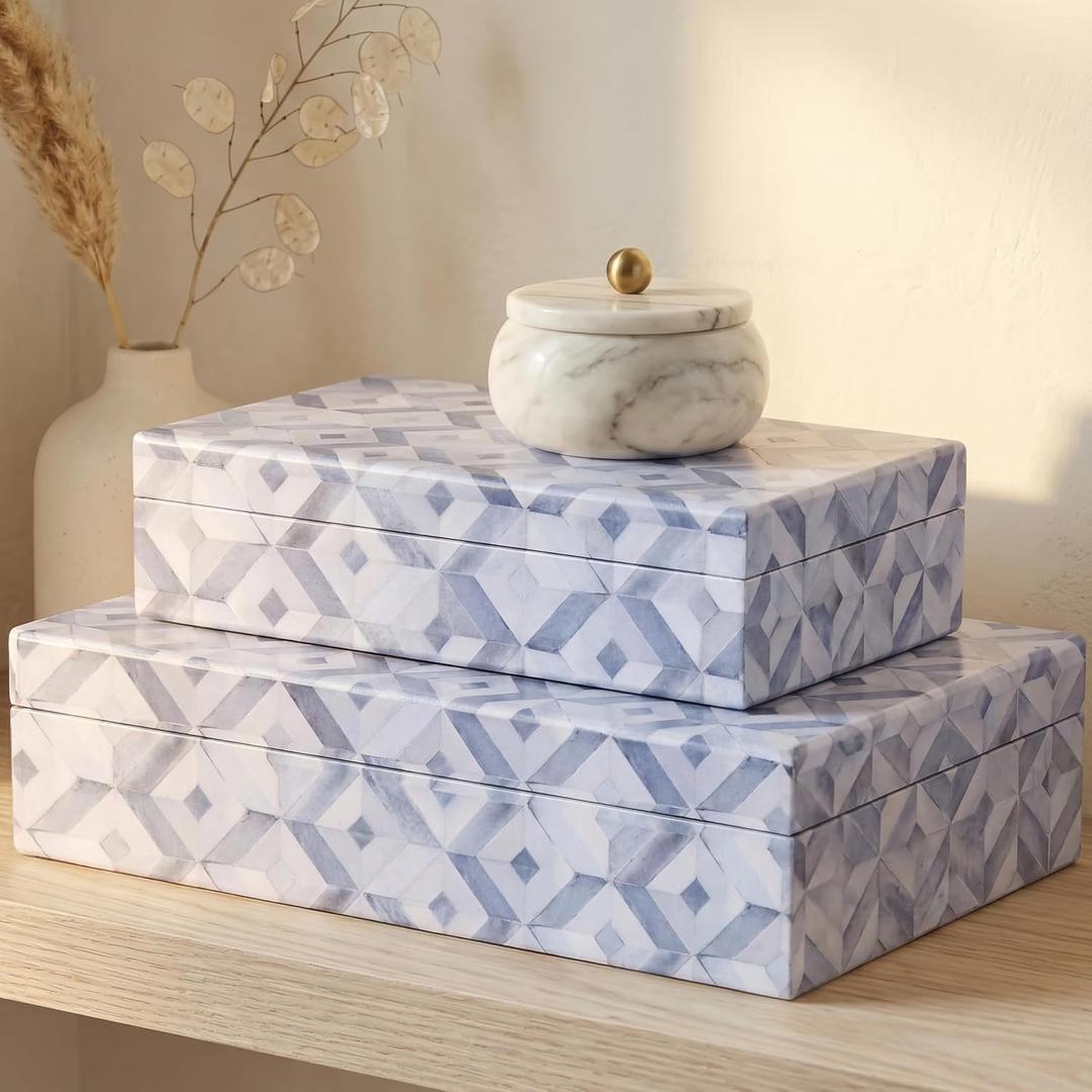 ZICOTO Decorative Storage Boxes with Lids - Set of 2 Beautiful Organizer Bins for Your Bookshelf Home Decor - Safely Store Photos, Documents and Memory Box Keepsakes on Your Shelves in Style