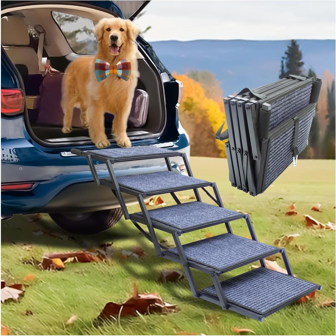 Extra Wide Dog Ramp for Car Truck and SUV Dog Stairs for Large Dogs Folding Pet Stairs with Non-Slip Rug Surface Supports Up to 280 lbs (Wide 5 Steps)