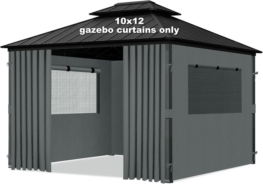 VivaPeak Universal Replacement Privacy Curtains for Gazebos, 10x12 ft Outdoor Waterproof with Large Mosquito-Proof Window Opening, 2-Piece Four-Sided Side Walls with Zippers (Curtains Only, Gary)