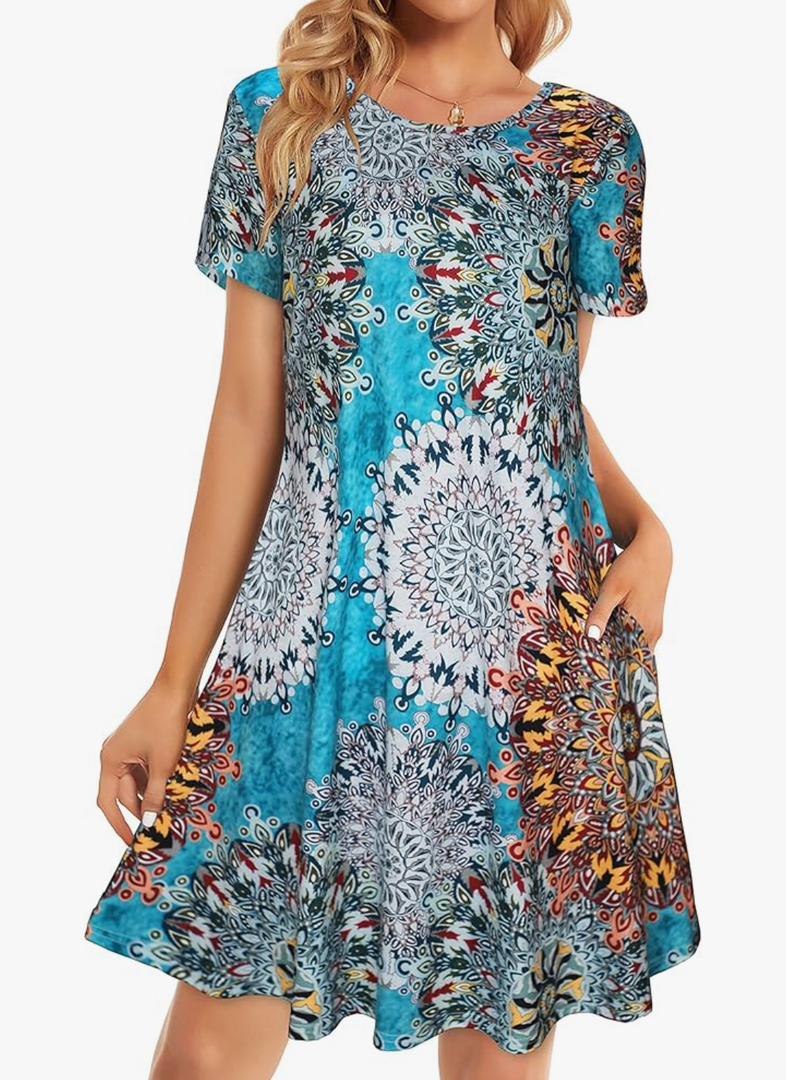 Womens Summer Dresses Beach Casual Loose Tshirt Floral Short Sleeve Flowy Pockets Sundresses 24W