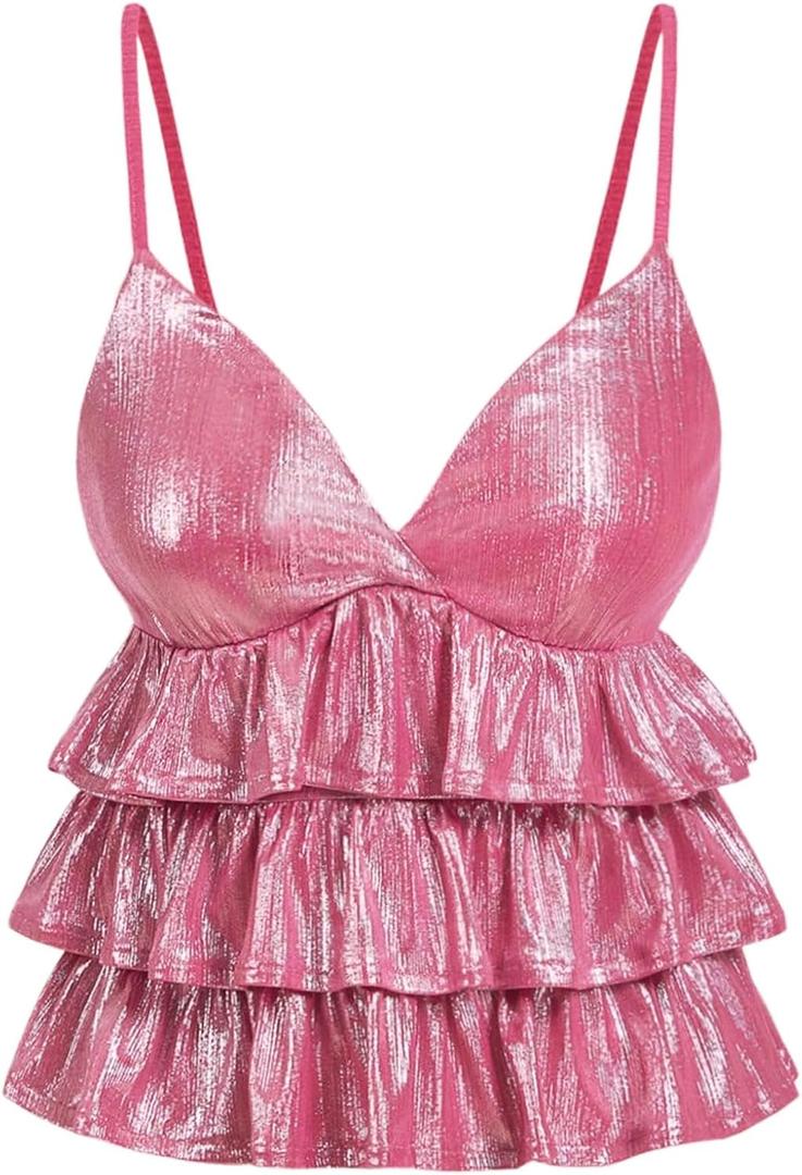 Floerns Women's Sleeveless Cami Tank Top V Neck Layered Hem Party Camisole (L)