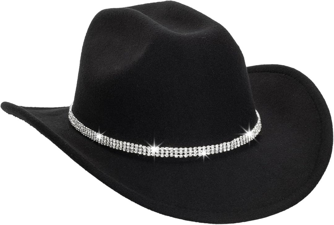 Vintage Western Cowboy Hat for Men Women - Wide Brim Cowgirl Fedora Bling Hats with Diamonds M (Black-d3)