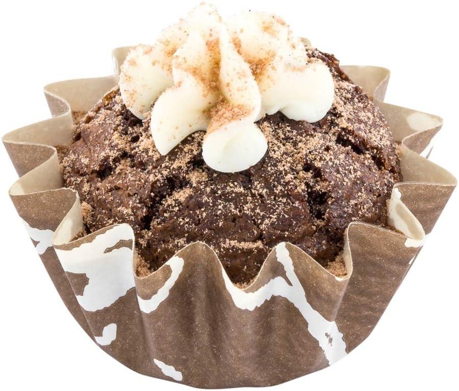 Restaurantware Panificio 0.4 Ounce Baking Cups 200 Flared Cupcake Liners - Oven-Ready Freezable Brown And White Paper Muffin Cases Disposable Chocolate Wisp For Wedding Parties Baby Showers (Small)
