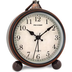 Peakeep 4" Small Battery Operated Antique Retro Analog Alarm Clock with Contour Lines in Gold for Room Decors, Silent Elegant Bedside Desk Gift Clock (Black)