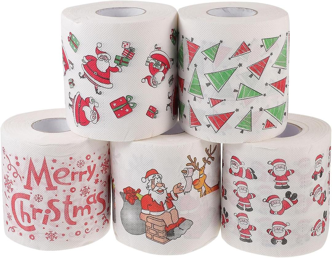EXCEART Christmas Pattern Toilet Paper 5 Rolls Timber Pulp Holiday Napkins Xmas Bathroom Tissue Rolls Festive Santa Claus Trees Design for Home Use