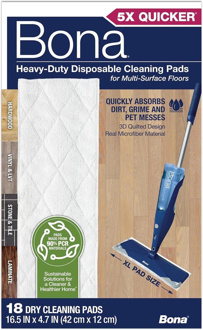 Bona Multi-Surface Floor Cleaning Pads - 18 Refills - Heavy-Duty, Disposable, Microfiber Pads for Easy Floor Cleaning