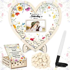 Chunful Wedding Hearts Guest Book Alternative with 100 Wooden Hearts Chips Storage Box and Pen Brown Wooden Theme Heart Picture Frame Rustic Guest Book Reception for Wedding Ceremony (Wildflower)
