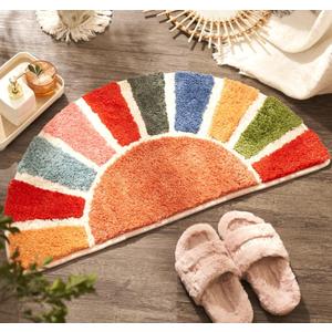 Large Sunrise Boho Bathroom Rugs, Cute Half Circle Bath Mat, Colorful Sun Bath Mats, Retro Bohemian Bathroom Decor, Fun Semi Round Shower Rug Non-Slip, Aesthetic Washable Bath Rug 37"x 20" (Sunrise-big)