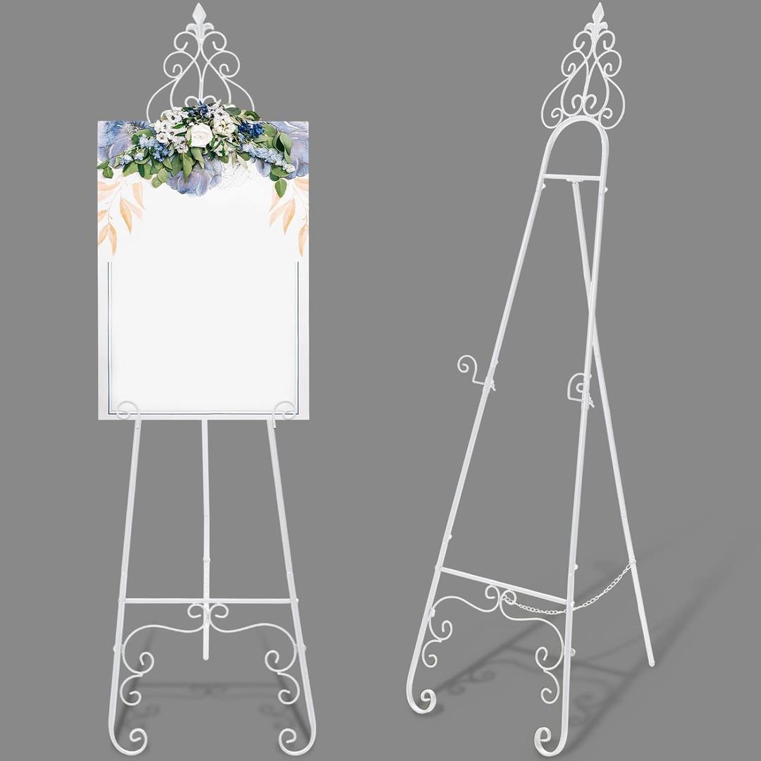White Easel Stand for Sign Adjustable Wedding Welcome Sign Stand Metal Floor Easel with Chain Support for Wedding Poster Photo Art Pictures Painting Display (59 Inch)