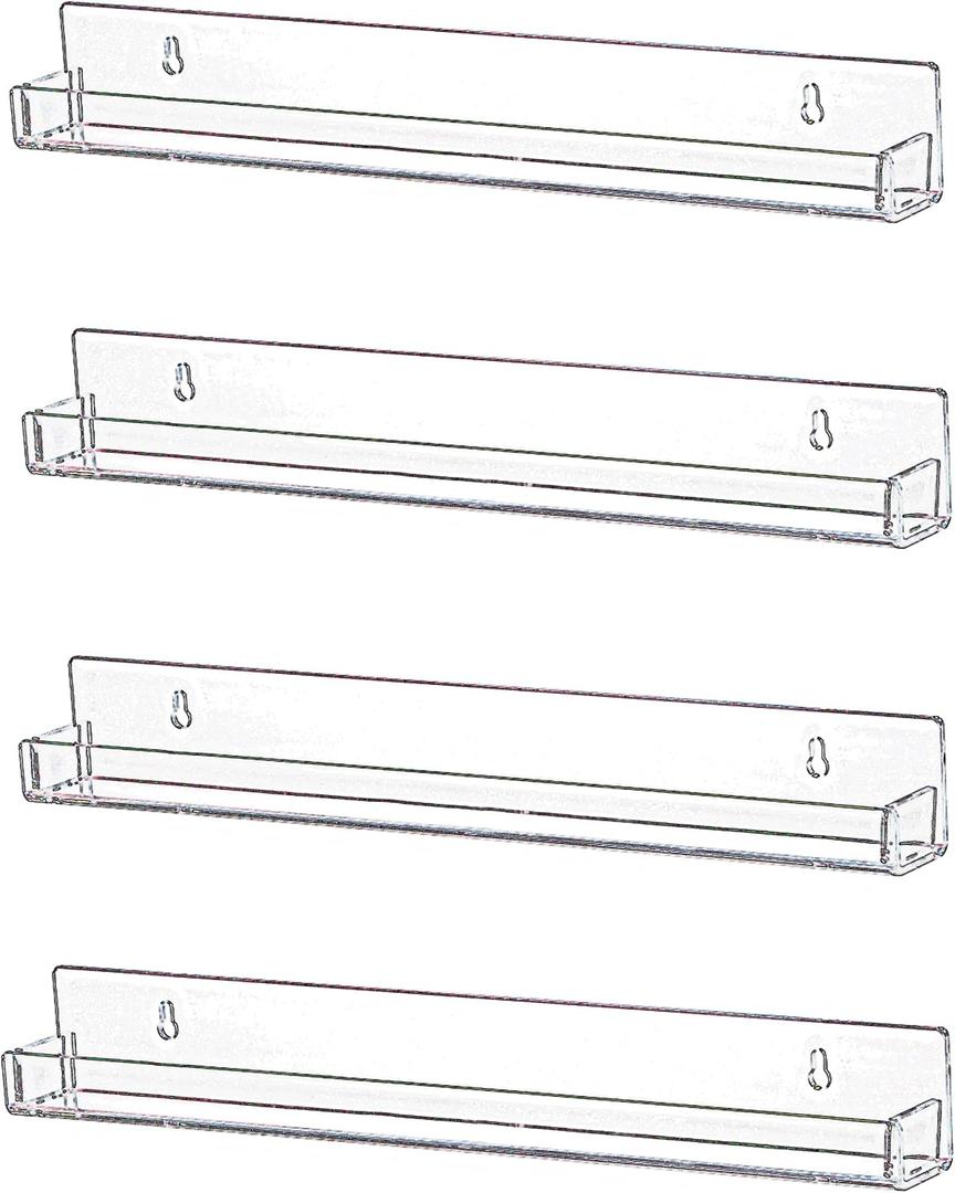 IEEK 4 PCS Floating Invisible Kids Bookshelf Wall Mounted Nail Polish Rack,Clear Acrylic Picture Ledge Vinyl Record Display Shelf Nail Polish Holder with Removable Anti-Slip End Inserts,15 inch, 4 Pack
