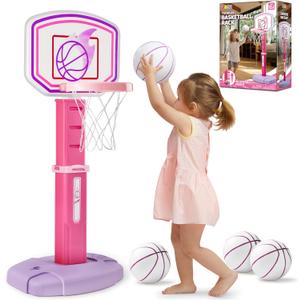 JOYIN Toddler Basketball Hoop, Adjustable Basketball Goal with 4 Balls for Kids Indoor Outdoor Play, Basketball Arcade Game, Christmas Birthday Gift for Boys Girls Age 1 and Up - Air Pump Included (Pink and Purple)