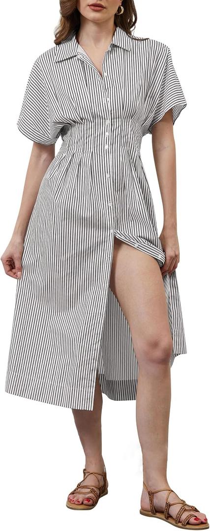 calbatic Women Striped Button Down Pleated Shirt Dress Summer Short Sleeve Ruffle A Line Swing Long Blouse Midi Long Dress (XL)