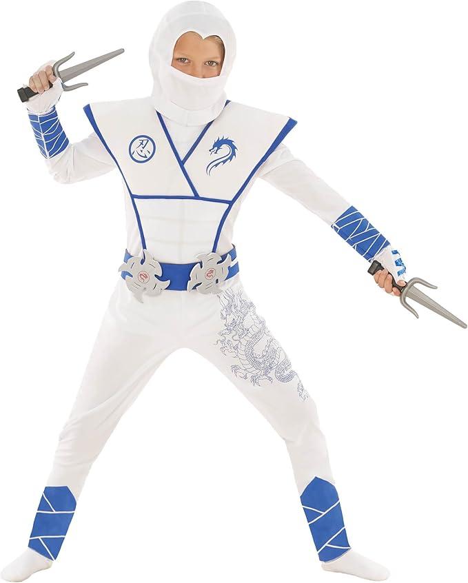 Morph Deluxe Boys Ninja Costume With Ninjas Warrior Toy Accessory, Kids Ninja Costumes, Boy Halloween Costume (Large 10-12 years, White)