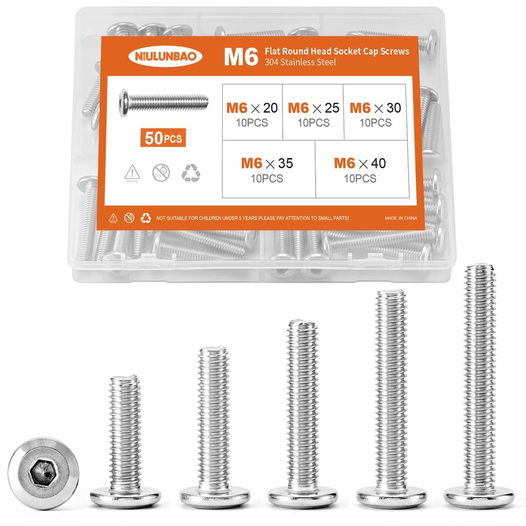 NIULUNBAO M6 x 20mm 25mm 30mm 35mm 40mm Flat Round Head Hex Socket Cap Screws Bolts, Furniture Screws, 304 Stainless Steel, Metric Fully Threaded, Allen Hex Drive, Bright Finish, Assortment Kit 50PCS