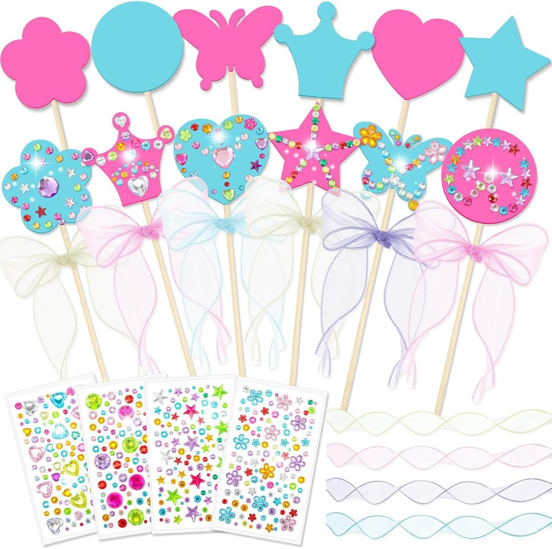 Juexica 20 Pcs Princess Fairy Wands Kit Include 6 Styles Unfinished Wooden Princess Accessories, 4 Pcs Gem Stickers, 4 Rolls Ribbons Make Your Own Fairy Wands for Kids Birthday (Pink, Light Blue)