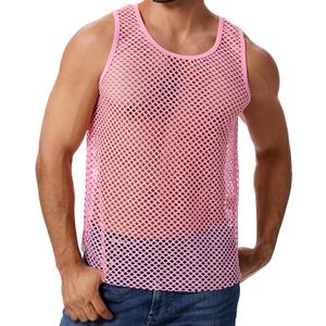 ABAFIP Men's Fishnet Mesh Tank Top Sleeveless Sheer Shirt Gym Workout Fitted Muscle Top Undershirt (Medium, Pink)