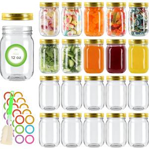 20 Pack 12 oz Mason Jars with Gold Lids, Regular Mouth Glass Canning Jars with Labels and Brusher for Storage, Canning & Preserving, Dishwasher & Microwave Safe