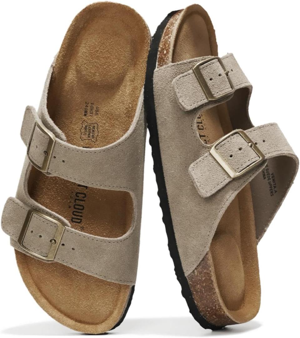 Project Cloud Genuine Leather Flat Sandals Women 2025 Beach Essentials Womens Sandals Memory Foam Vacation Essentials Slides for Women Footwear (Venita) (Taupe Suede) 8.5