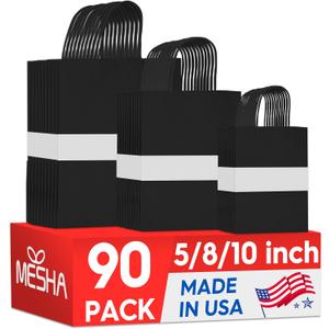 MESHA 90 Pack Black Paper Bags with Handles Bulk, Multiple 3 Assorted Sizes Eco-Friendly Gift Bags for Small Business - Party Favors, Retail, Birthday Goody Bags & Grocery,5/8/10 Inch