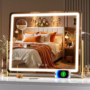 Hasipu Vanity Mirror with Lights, 25" x 21" LED Makeup Mirror, Light up Mirror with 10X Magnification and Phone Holder, USB Charging Port, Smart Touch 3 Colors Dimmable, 360 Rotation (Gold)