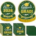 Graduation Plates and Napkins 2026, Congrats Grad Disposable Paper Plates Cocktail Napkins Luncheon Napkins for Green and Gold Graduation Party Decorations, Serve 50