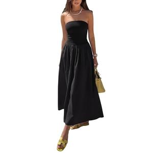 REORIA Women's Summer Tube Top Maxi Dress Sexy A Line Flowy Wedding Guest Long Dresses with Pockets (Black Onyx, Medium)
