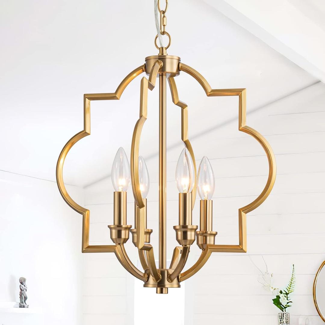 4-Light Brushed Gold Chandeliers for Dining Room, 15.6" Farmhouse Geometric Pendant Light Fixture for Entryway Foyer Kitchen Bathroom Over Sink