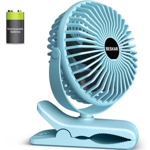BESKAR Portable Clip on Fan Rechargeable, 4 Speeds Small Battery Operated Fans, USB Desk Fan with Strong Airflow, Sturdy Clamp Fans for Golf Cart Office Outdoor Travel Camping (Blue)