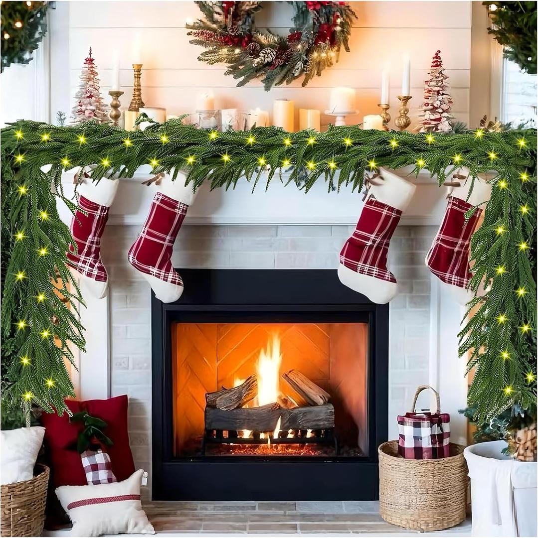 Norfolk Pine Garland with Lights - 9Ft Christmas Garland for Mantle, Artificial Norfolk Pine Real Touch with DIY Fairy Lights for Table Stairs Wall Indoor Outdoor Christmas Decoration, Dark Green