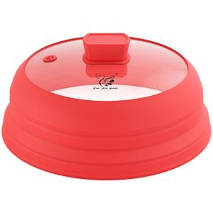 Microwave Splatter Cover Glass Splatter Guard Lid with Collapsible Silicone for Food Pot Plate Cover 10.8 inch Red