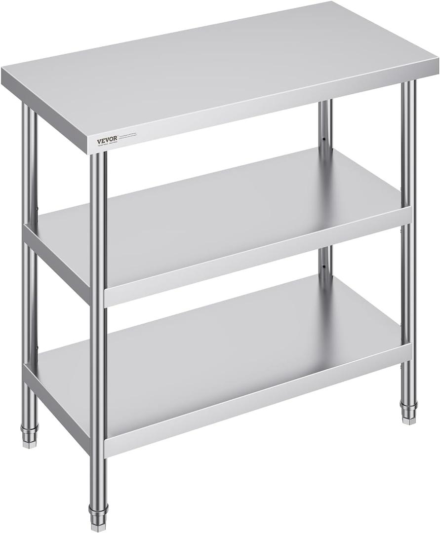 VEVOR Stainless Steel Food Prep Table, 18 x 36 x 34 Inch Commercial Kitchen Worktable, with 2 Adjustable Undershelf, Heavy Duty Prep Metal Work Table for BBQ, Kitchen, Home, and Garage