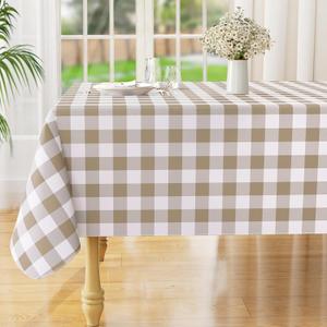 misaya Rectangle Waterproof Vinyl Table Cloth, Buffalo Flannel Backed Tablecloth, Wipeable Plastic Table Cover for Easter, Dinner, Cafe, Outdoor (52" x 70", Khaki and White)
