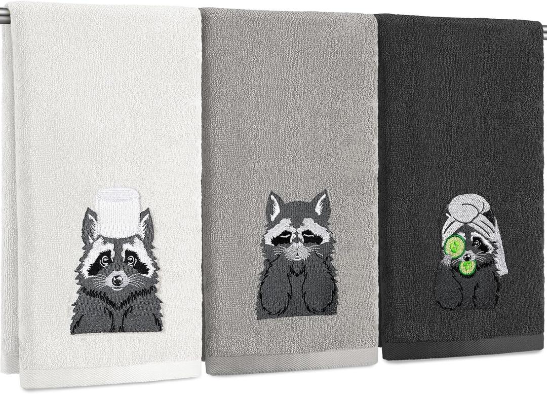 3 Pcs Raccoon Gifts Hand Towels for Bathroom Decorative Funny Retro Raccoon Bathroom Decor 100% Cotton Embroidered Towels for Women Kitchen Decor, 13. 3 x 29. 5'' (Gray)