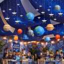 45 Pcs 2026 Space Celing Decoration for Classroom 24" x 13ft Galaxy Hanging Backdrop, Star Hanging Ornament, Solar System Paper Lanterns, Hooks for Kids Birthday VBS School Party Decor