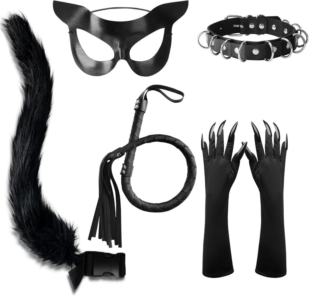 Black Cat Woman Mask Costume Accessories Masquerade Mask Set Halloween Cosplay Outfits for Women with Choker Gloves 5Pcs