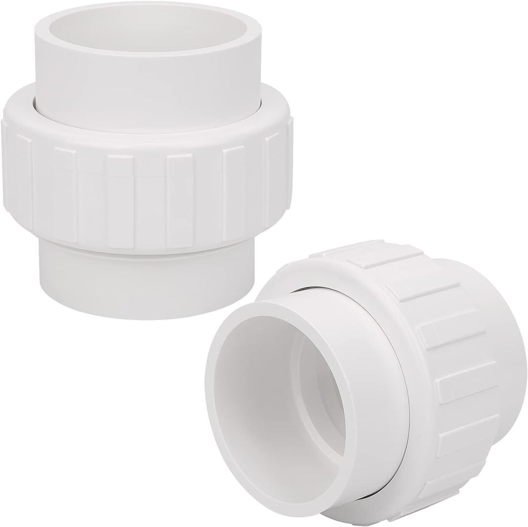 2 Pack 2" PVC Union Coupling Pipe Fitting (Socket x Socket) 2 Inch PVC Slip Union PVC Adapter Coupling Schedule 40, EPDM O-Ring, White