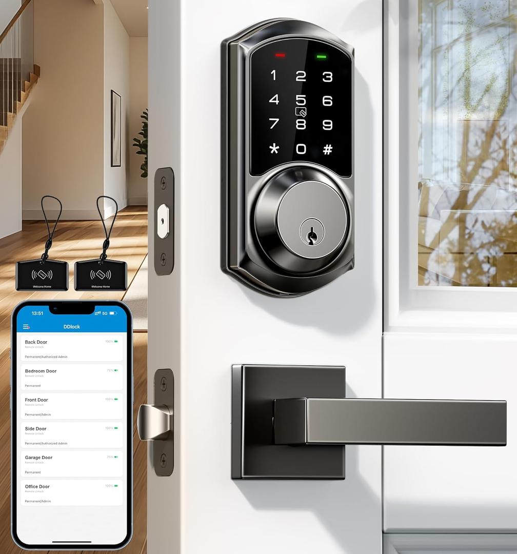Veise Smart Locks with 2 Lever Handle Set, App Control, Keyless Entry Deadbolt for Front Door, Electronic Digital Touchscreen Keypad, Auto Lock, Waterproof, Easy Installation, Matte Black