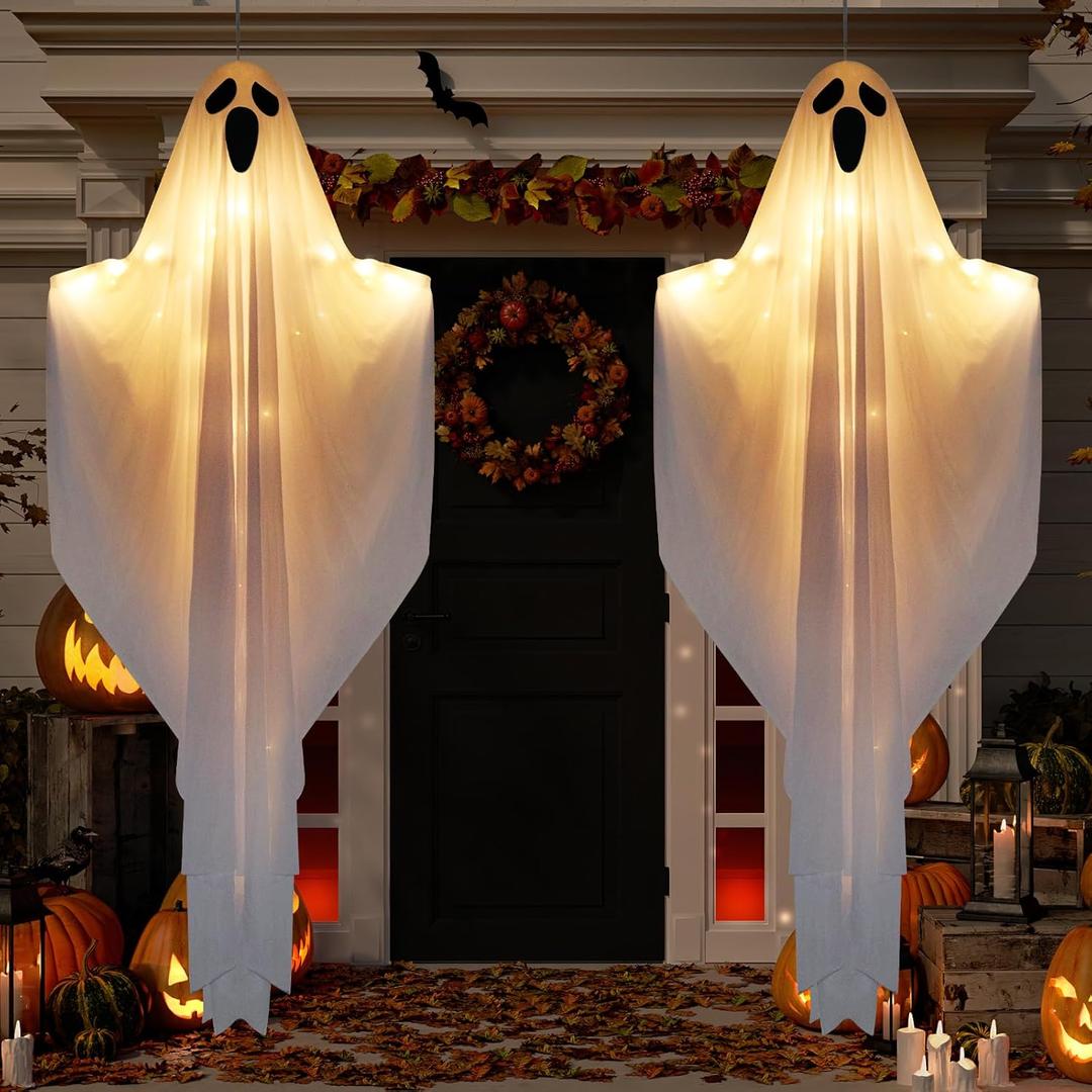 2 Pack 55" Halloween Light up Hanging Ghosts Decorations with Warm LED Lights, Halloween Flying Ghost Decorations for Outdoor Indoor, Haunted House, Front Yard, Patio, Party Decor
