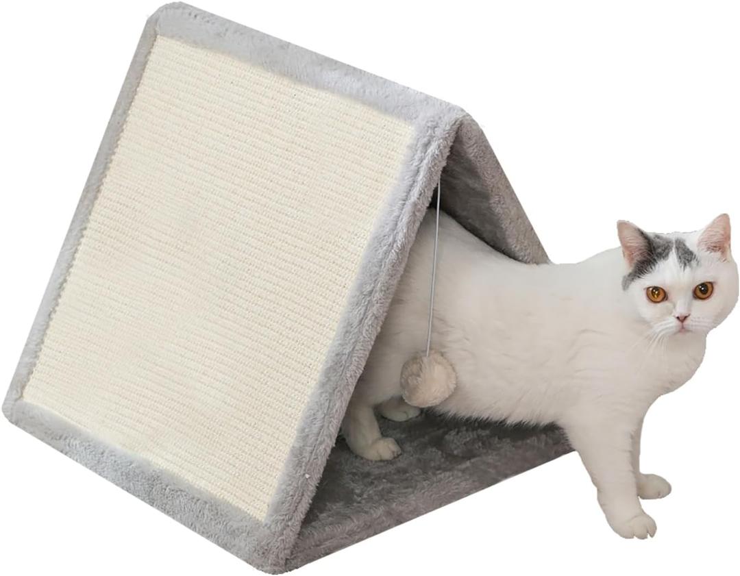 LUCKITTY Cat Scratching Pad - Sisal Shell and Gray Soft Plush Lining with a Plush Toy Ball, Cat Claw Sharpener - Protect Furniture - 15.7"x17.3"x18.5"