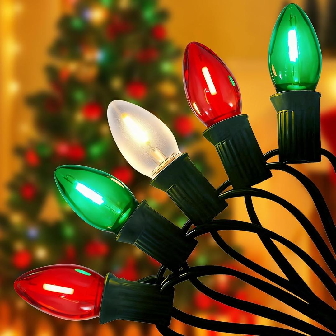 C7 LED Christmas String Lights, 25FT Vintage Multicolor Lights with 27 Clear Red/Green/White LED Bulbs, Outdoor String Lights for Christmas Tree Party Backyard - Green Wire