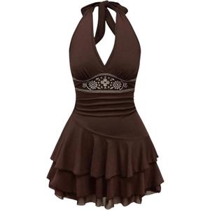 Women's Halter Cowgirl Vintage Mini Dress Embroidery Tie Back Sleeveless Ruched Tiered Layer A Line Dresses (Brown), Small