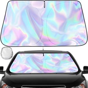 Iridescent Sun Shade for Car Windshield, Foldable Universal Car Windshield Upgrade Sunshade Enhanced UV Rays Reflective Sun Visor Shade Keeps Vehicle Cool (Silver- Colorful, 57"x31.5")