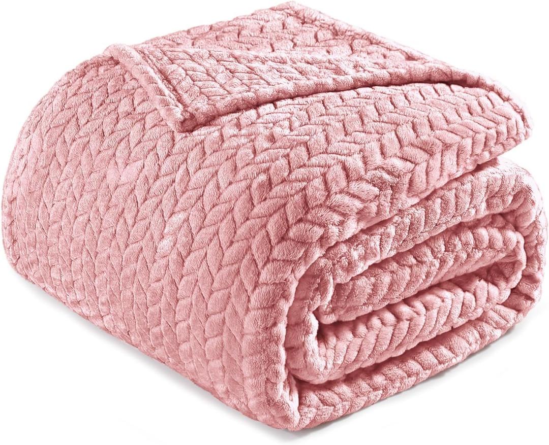 Exclusivo Mezcla Fleece Queen Size Blanket for Bed, 90x90 Inches Soft Cozy Jacquard Flannel Blankets, Lightweight Fuzzy Plush Warm for Women, Dusty Pink, Queen ( 90x90 IN )