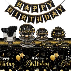 Vesici 171 Pcs Happy Birthday Party Supplies 24 Set Disposable Party Tableware include Plates Cups Napkins Cutlery and Banner Tablecloth Birthday Dinner Decorations for Men Woman(Black, Gold)