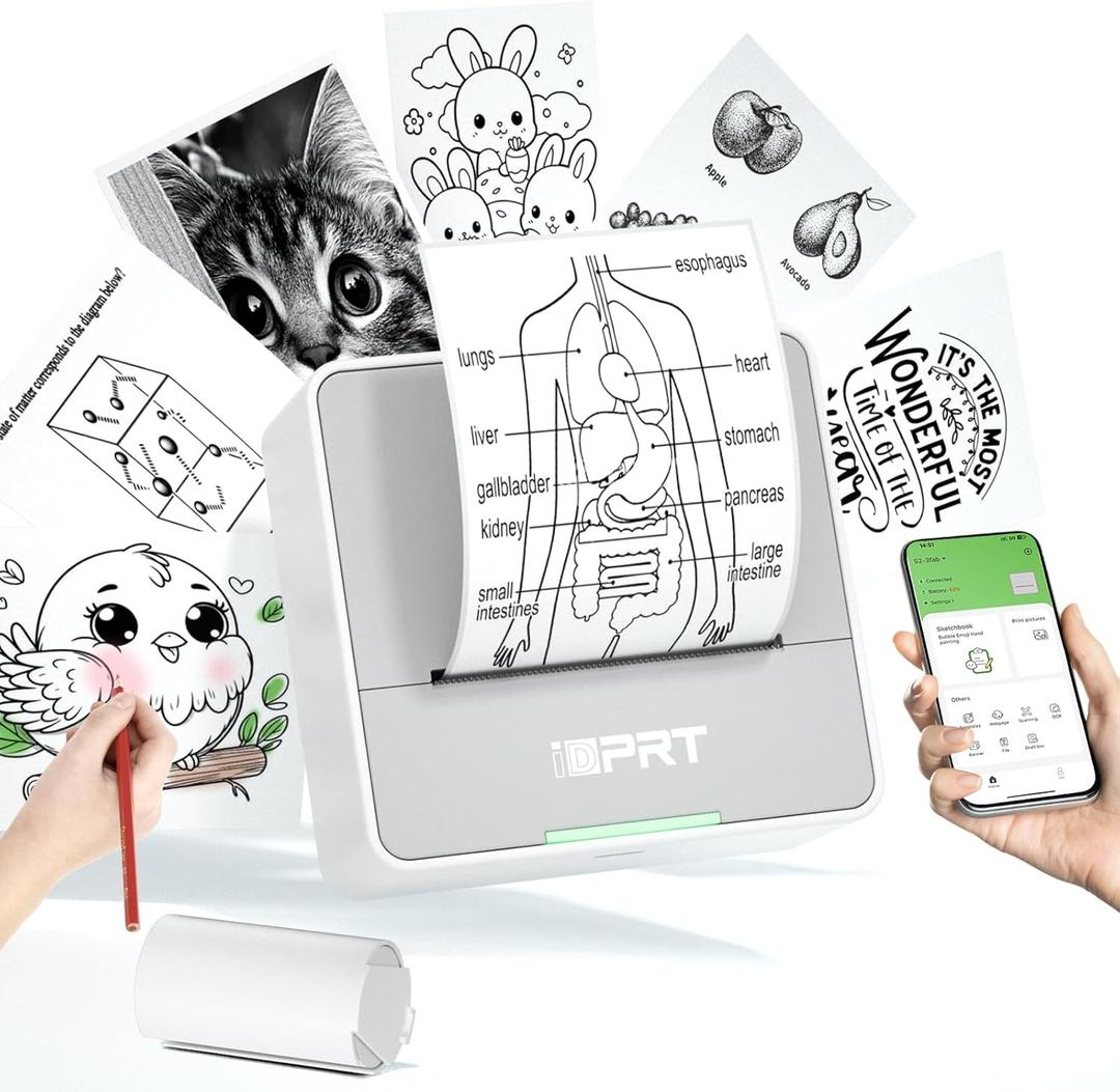 iDPRT Mini Printer with 1 Roll Sticker Paper, Portable Sticker Maker Machine Efficiently and Quickly, Thermal Printer for Study Notes, Pictures, DIY, Label, Free App with Multiple Templates, Gray (Spliced-White)