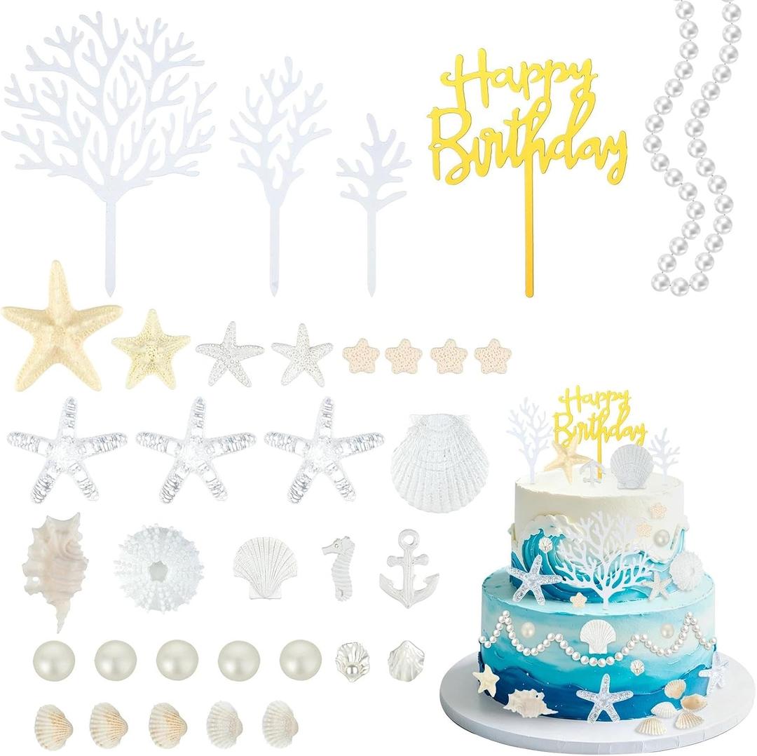 34Pcs Beach Cake Topper Set, Under the Sea Theme Decorations with Golden Happy Birthday Sign, Ocean Seashells Starfish Conch for Summer Birthday Party Supplies