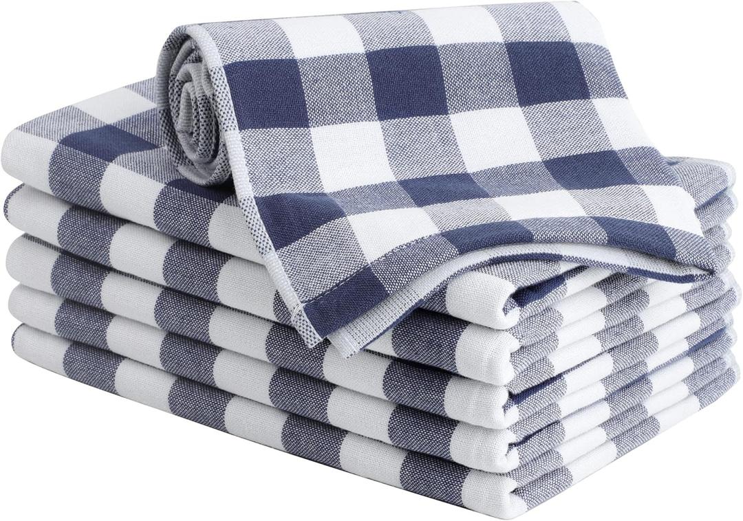 PiccoCasa 100% Cotton Terry Kitchen Towels Set of 6 Plaid Pattern (13 x 29 Inch) Soft Absorbent Drying Dish Towels for Kitchen Cooking - Blue, White