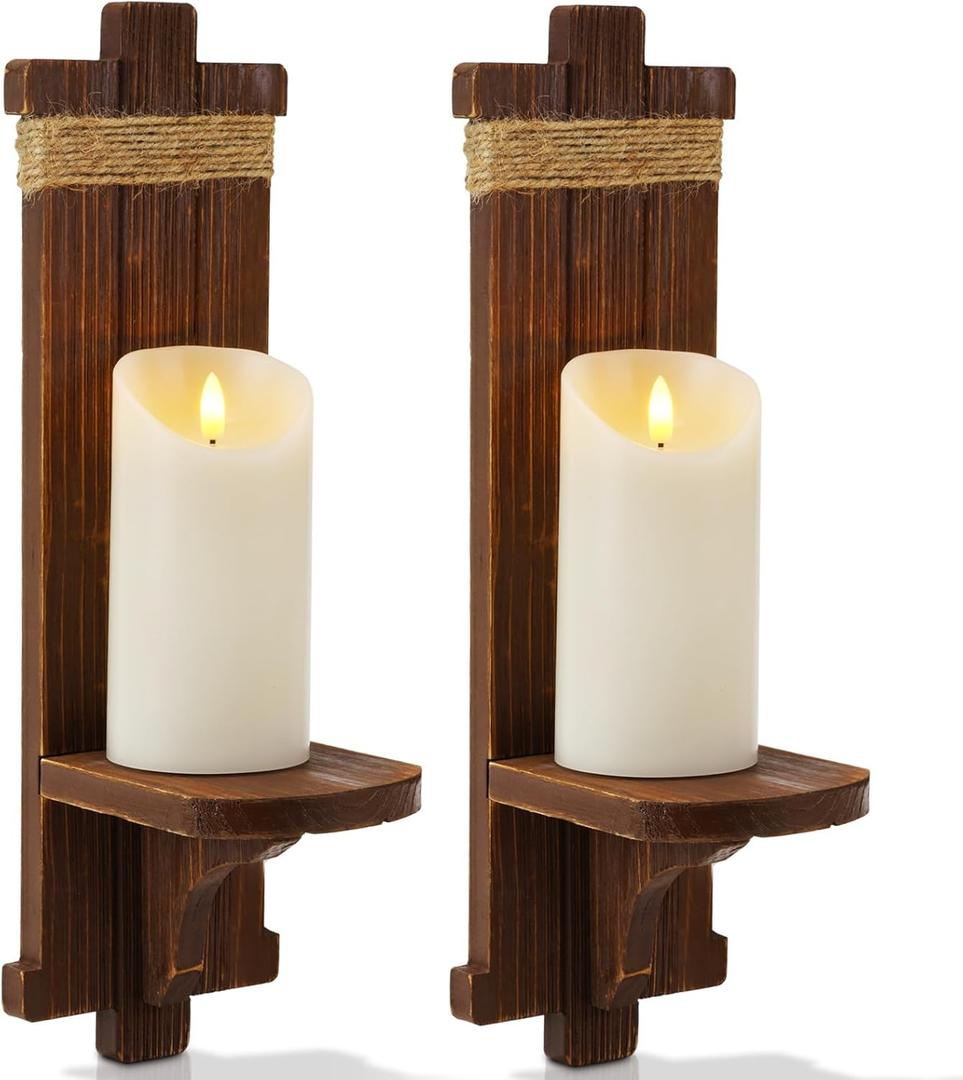 Homemory Wall Sconces Candle Holder Set of 2, Farmhouse Wooden Rustic Wall Decor for Living Room, Dining Room, Bedroom, Bathroom (Brown)