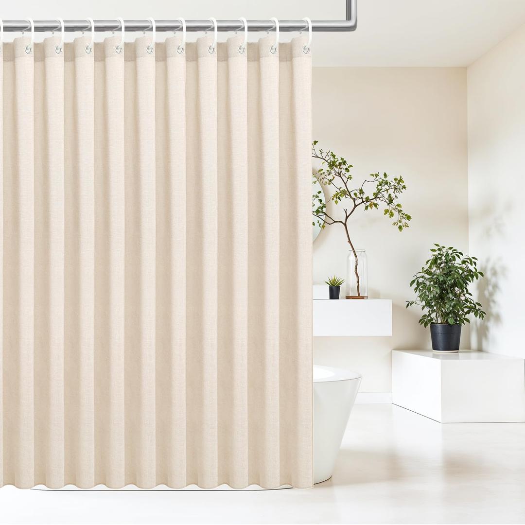 Natural Linen Textured Shower Curtain Set with Hooks, Beige Boho Farmhouse Bath Shower Curtains for Bathroom Neutral Cloth, Hotel Luxury, Weighted, 72W x 72L, Cream